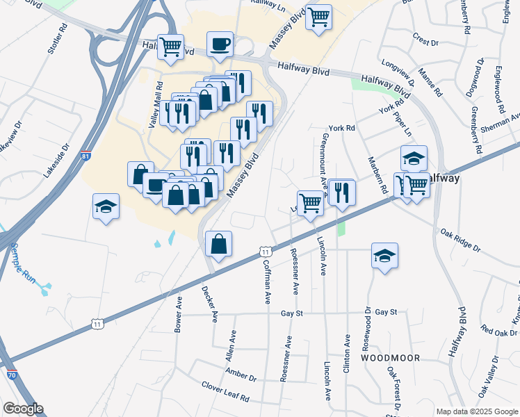map of restaurants, bars, coffee shops, grocery stores, and more near 11126 Nursery Road in Hagerstown