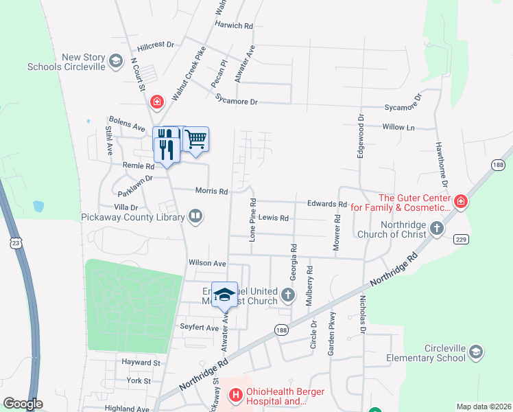map of restaurants, bars, coffee shops, grocery stores, and more near 224 Lewis Road in Circleville