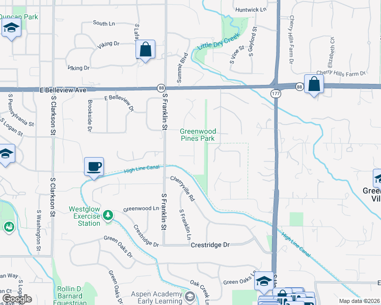 map of restaurants, bars, coffee shops, grocery stores, and more near 5307 South Franklin Circle in Greenwood Village