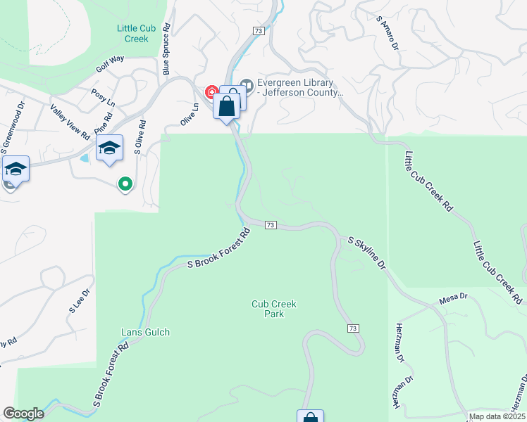 map of restaurants, bars, coffee shops, grocery stores, and more near 5299 South Cubmont Drive in Evergreen
