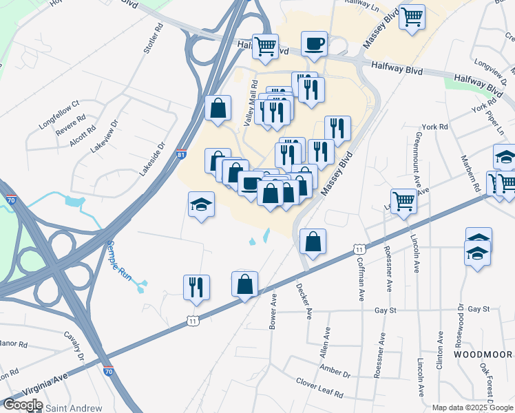 map of restaurants, bars, coffee shops, grocery stores, and more near 17213 Cole Road in Hagerstown