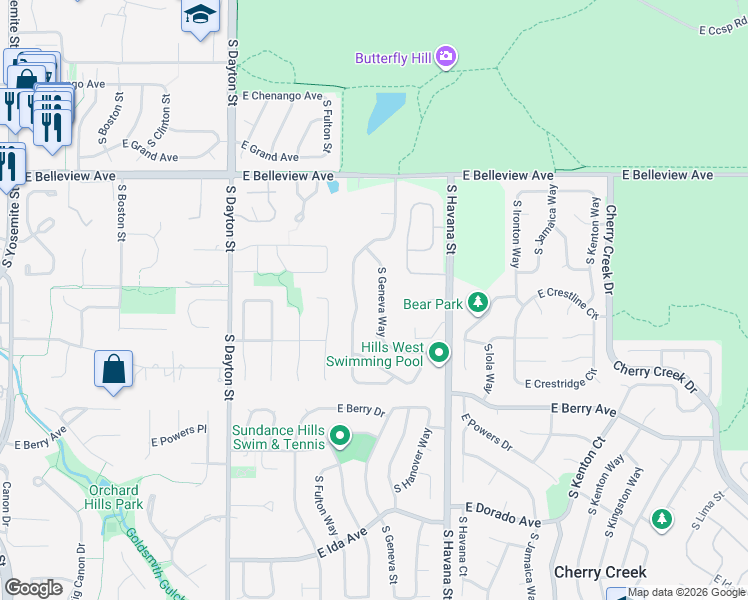 map of restaurants, bars, coffee shops, grocery stores, and more near 5361 South Geneva Way in Englewood