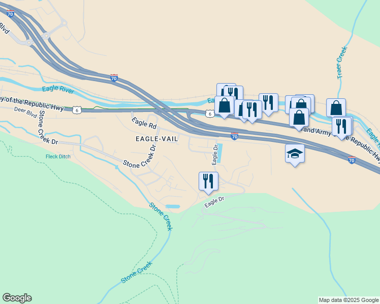 map of restaurants, bars, coffee shops, grocery stores, and more near 54-112 Columbine Circle in Vail
