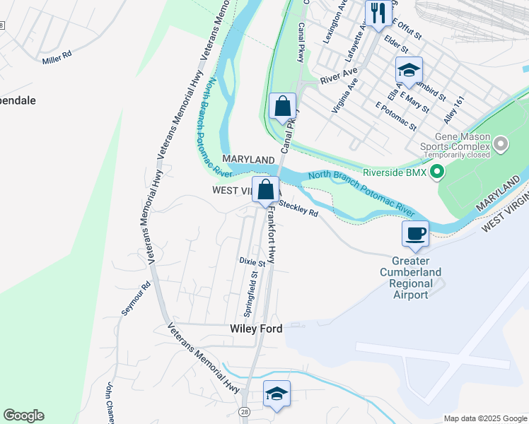map of restaurants, bars, coffee shops, grocery stores, and more near 127 Frankfort Highway in Wiley Ford
