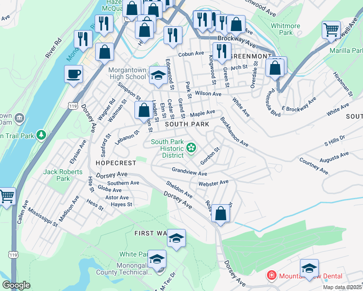 map of restaurants, bars, coffee shops, grocery stores, and more near 148 Sherman Avenue in Morgantown