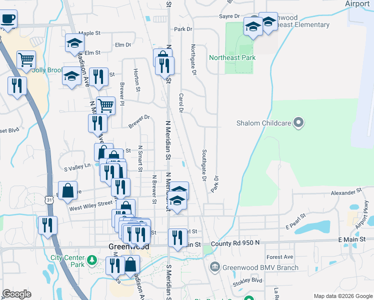 map of restaurants, bars, coffee shops, grocery stores, and more near 458 Carol Drive in Greenwood