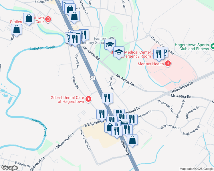 map of restaurants, bars, coffee shops, grocery stores, and more near 103 Tulip Court in Hagerstown