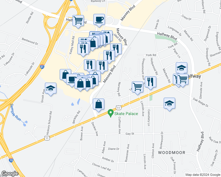 map of restaurants, bars, coffee shops, grocery stores, and more near 17311 Evergreen Drive in Hagerstown