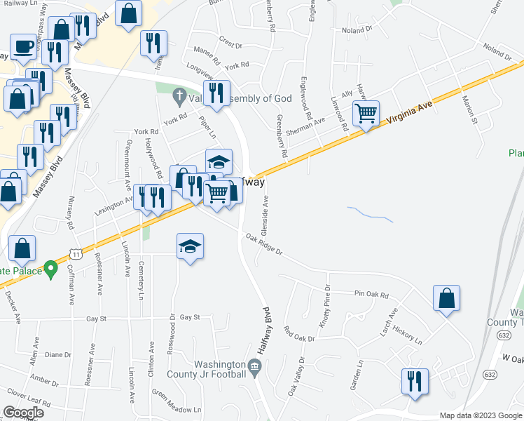 map of restaurants, bars, coffee shops, grocery stores, and more near 11120 Glenside Avenue in Hagerstown