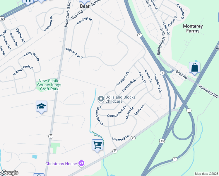 map of restaurants, bars, coffee shops, grocery stores, and more near 404 Pigeon View Lane in New Castle