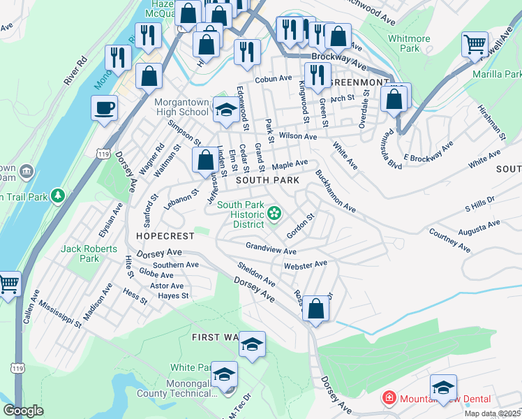 map of restaurants, bars, coffee shops, grocery stores, and more near 148 Sherman Avenue in Morgantown