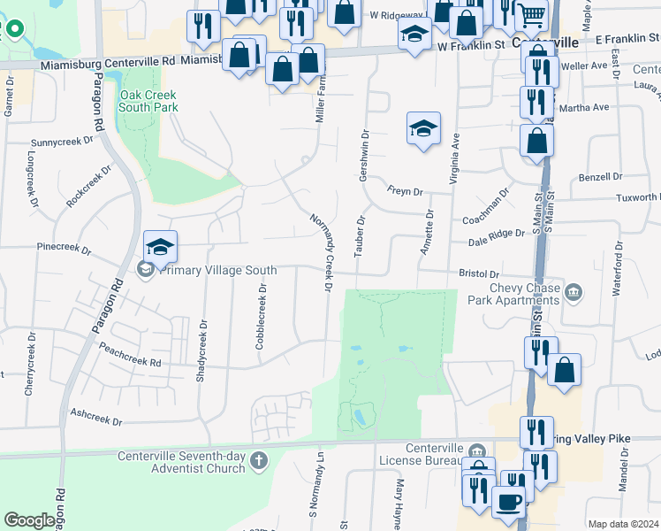 map of restaurants, bars, coffee shops, grocery stores, and more near 8699 Normandy Creek Drive in Montgomery County