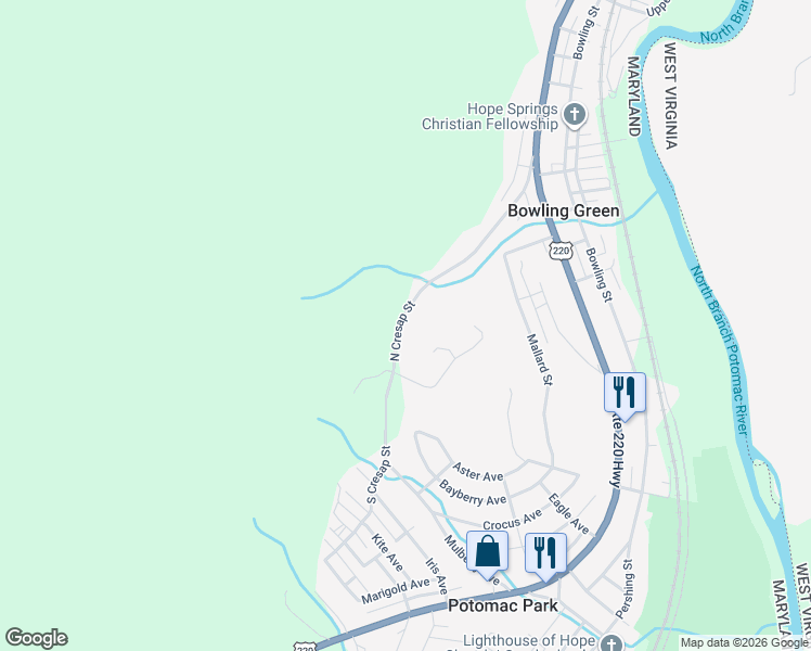 map of restaurants, bars, coffee shops, grocery stores, and more near 12810 North Cresap Street in Cumberland