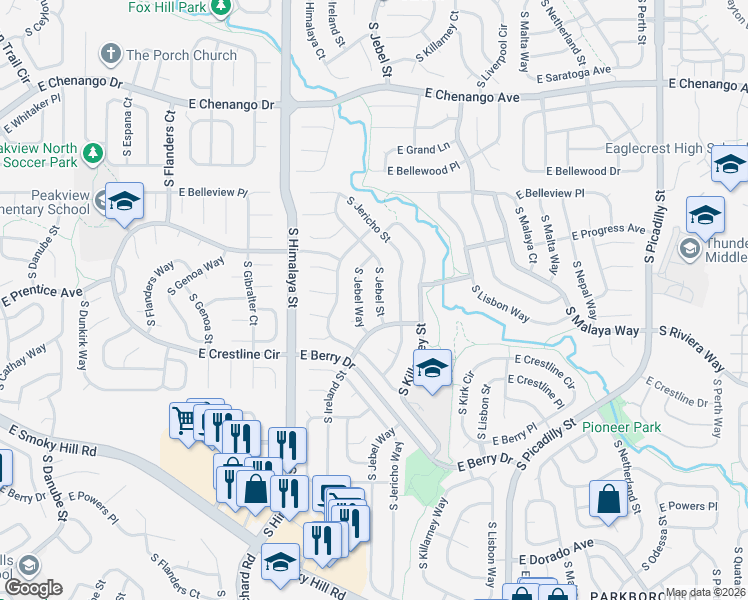 map of restaurants, bars, coffee shops, grocery stores, and more near 5340 South Jebel Way in Centennial
