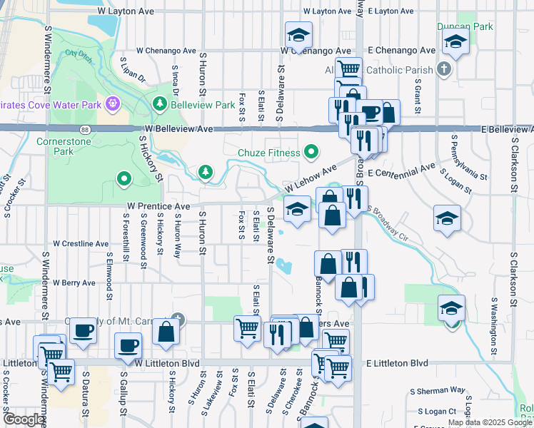 map of restaurants, bars, coffee shops, grocery stores, and more near 5360 South Elati Street in Littleton