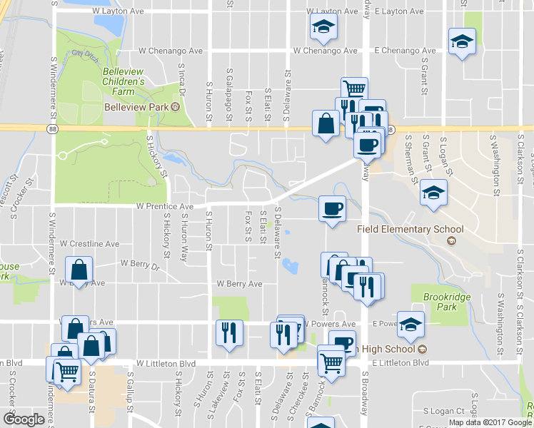map of restaurants, bars, coffee shops, grocery stores, and more near 5360 South Elati Street in Littleton