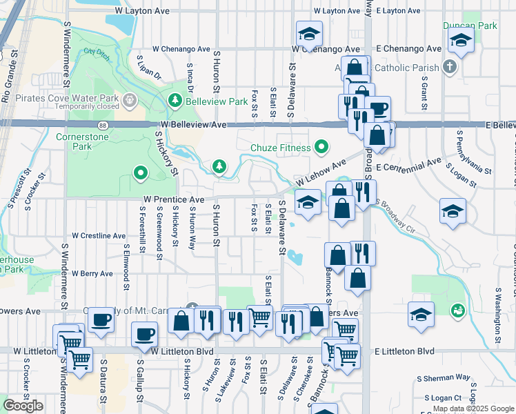 map of restaurants, bars, coffee shops, grocery stores, and more near 5347 South Fox Street in Littleton