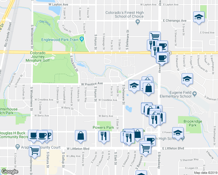 map of restaurants, bars, coffee shops, grocery stores, and more near 5347 South Fox Street in Littleton