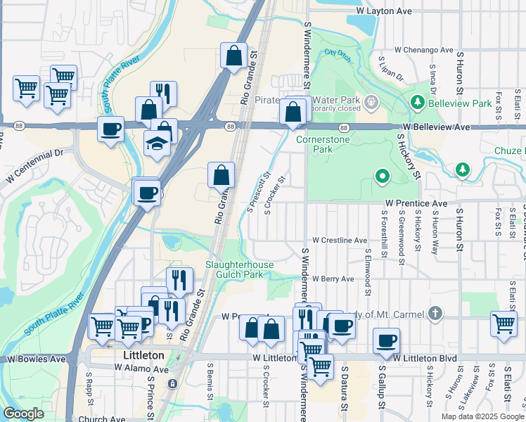 map of restaurants, bars, coffee shops, grocery stores, and more near 5356 South Crocker Street in Littleton