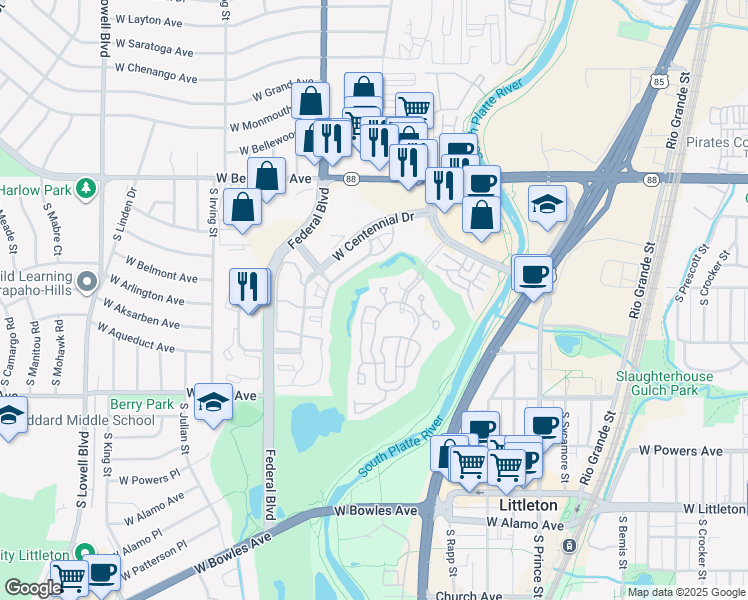 map of restaurants, bars, coffee shops, grocery stores, and more near 2884 West Riverwalk Circle in Littleton