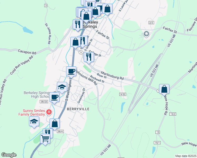 map of restaurants, bars, coffee shops, grocery stores, and more near 230 Johnsons Mill Road in Berkeley Springs
