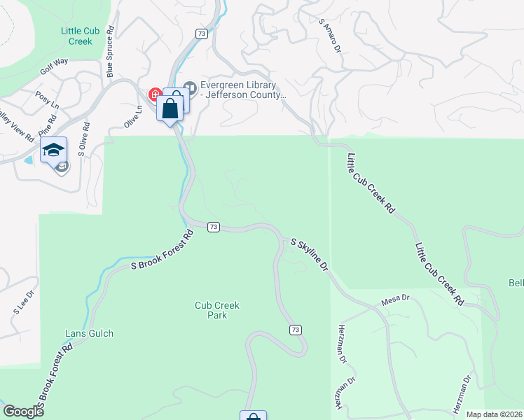 map of restaurants, bars, coffee shops, grocery stores, and more near 5286 Mountain Park Road in Evergreen
