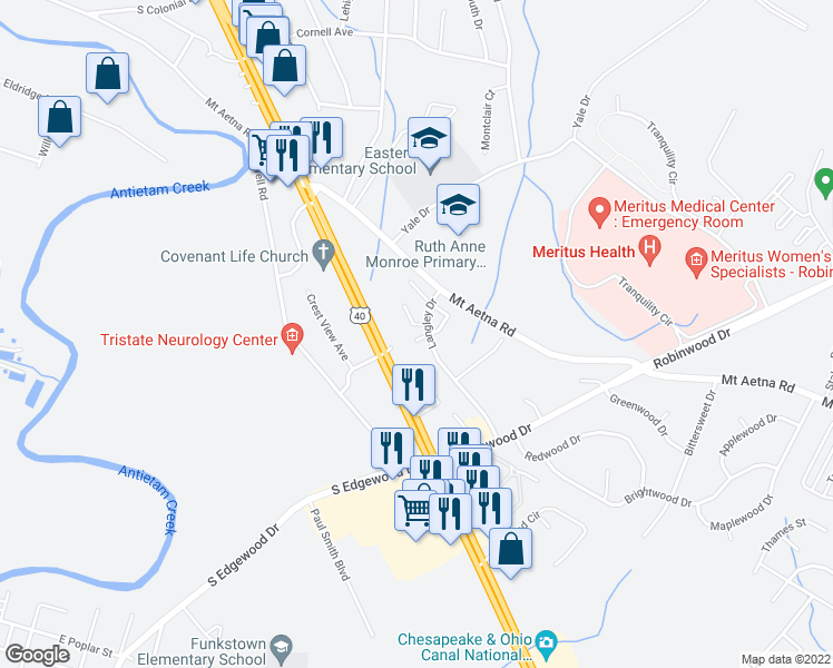 map of restaurants, bars, coffee shops, grocery stores, and more near 109 Tulip Court in Hagerstown