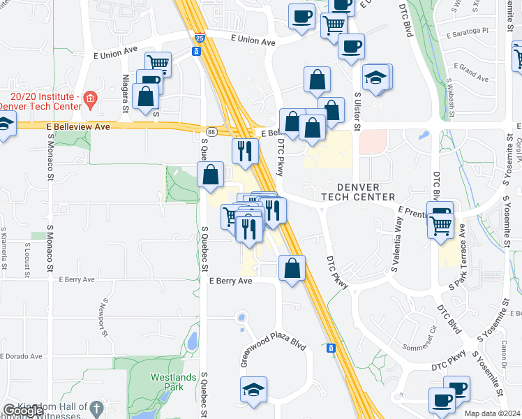 map of restaurants, bars, coffee shops, grocery stores, and more near 5350 South Roslyn Street in Greenwood Village