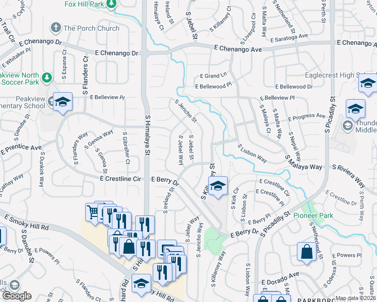 map of restaurants, bars, coffee shops, grocery stores, and more near 5340 South Jebel Way in Centennial