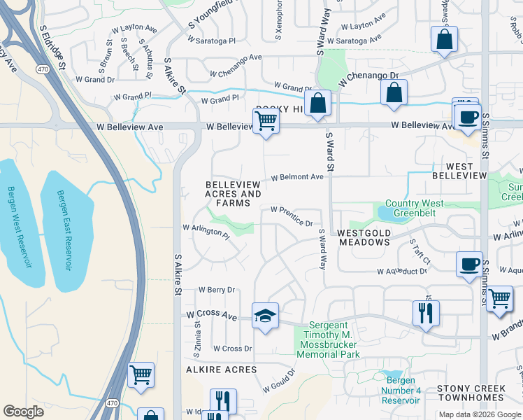 map of restaurants, bars, coffee shops, grocery stores, and more near 14504 West Prentice Drive in Littleton