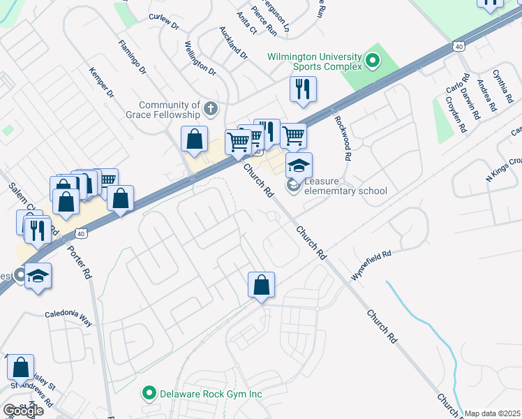 map of restaurants, bars, coffee shops, grocery stores, and more near 201 Colonial Downs Court in Newark