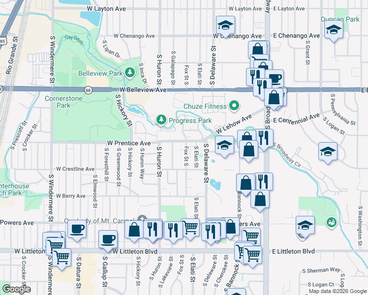map of restaurants, bars, coffee shops, grocery stores, and more near 5327 South Fox Street in Littleton