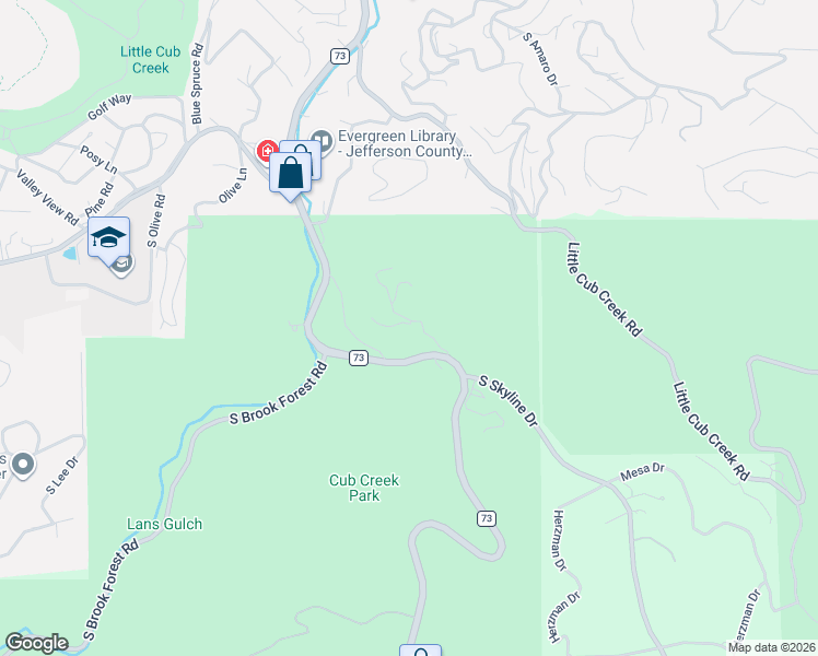 map of restaurants, bars, coffee shops, grocery stores, and more near 5286 Mountain Park Road in Evergreen