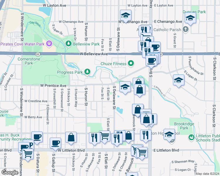 map of restaurants, bars, coffee shops, grocery stores, and more near 5320 South Elati Street in Littleton