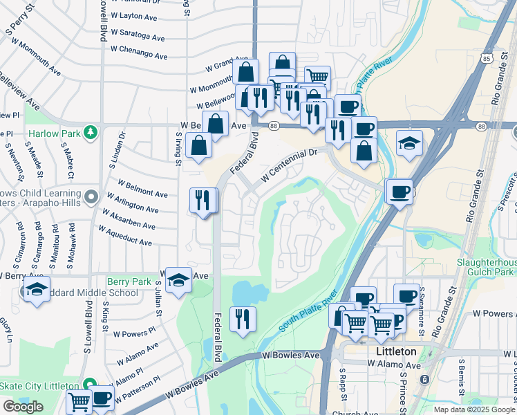 map of restaurants, bars, coffee shops, grocery stores, and more near 2940 West Centennial Drive in Littleton