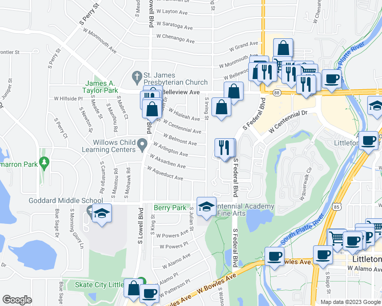 map of restaurants, bars, coffee shops, grocery stores, and more near 3329 West Aksarben Avenue in Littleton
