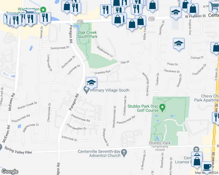map of restaurants, bars, coffee shops, grocery stores, and more near 8692 Shadycreek Drive in Montgomery County