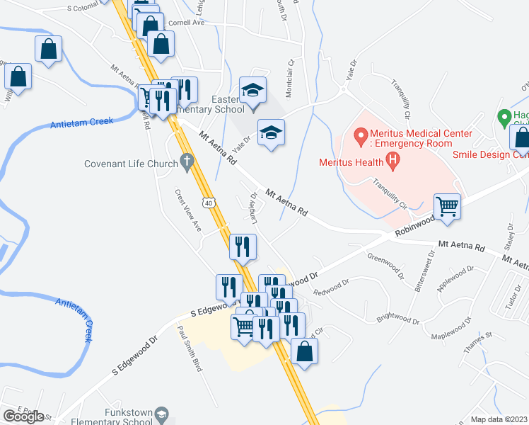 map of restaurants, bars, coffee shops, grocery stores, and more near 212 Lily Court in Hagerstown
