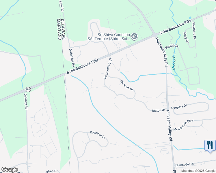 map of restaurants, bars, coffee shops, grocery stores, and more near 36 Deerborne Trail in Newark