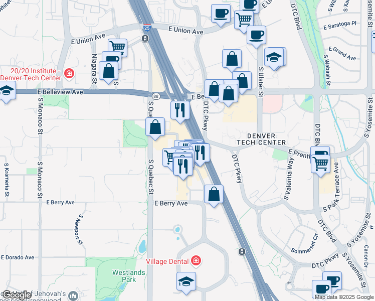 map of restaurants, bars, coffee shops, grocery stores, and more near 5350 South Roslyn Street in Greenwood Village