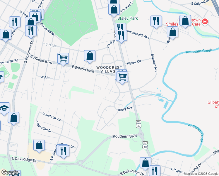 map of restaurants, bars, coffee shops, grocery stores, and more near 606 Knightsbridge Drive in Hagerstown