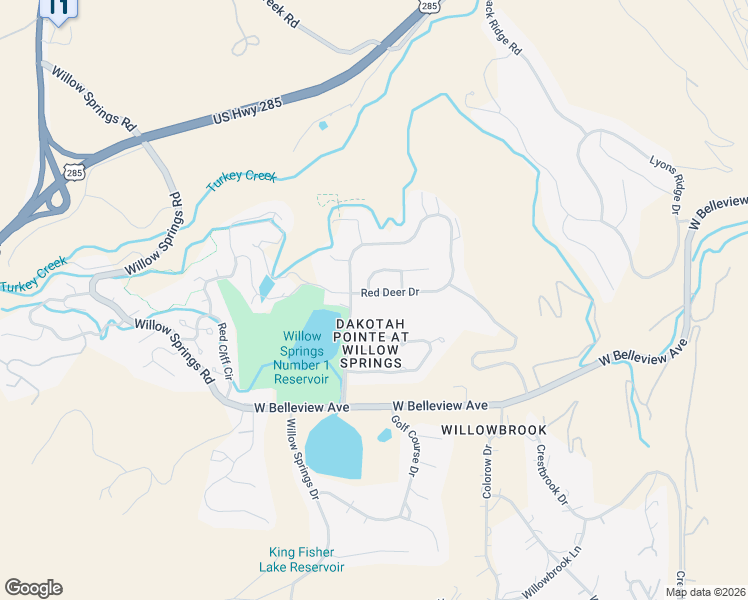 map of restaurants, bars, coffee shops, grocery stores, and more near 15926 Red Deer Drive in Morrison