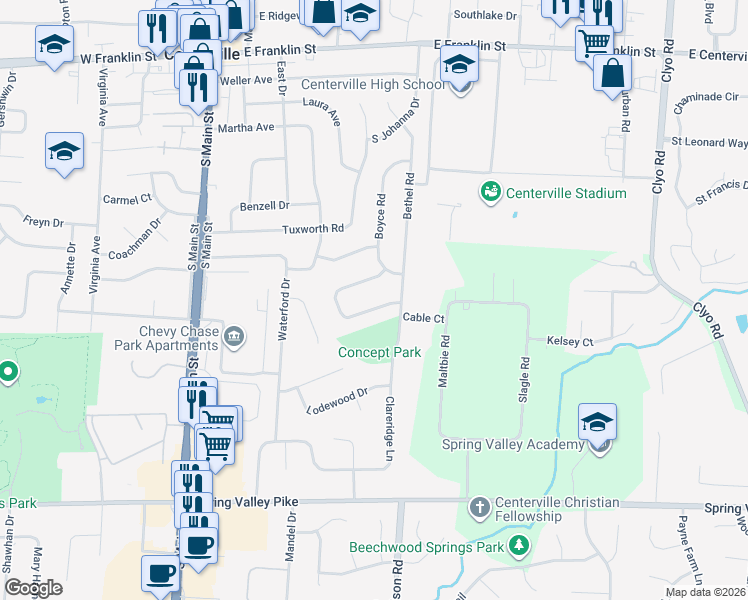 map of restaurants, bars, coffee shops, grocery stores, and more near 285 Boyce Road in Dayton