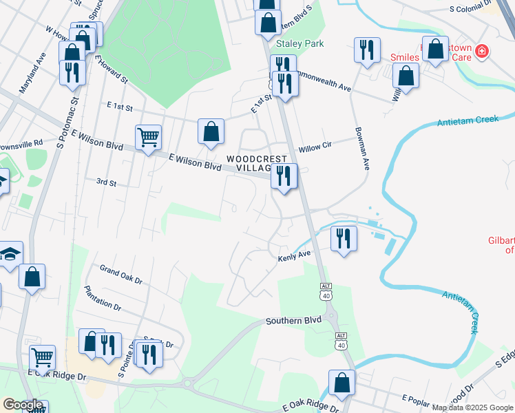 map of restaurants, bars, coffee shops, grocery stores, and more near 606 Knightsbridge Drive in Hagerstown
