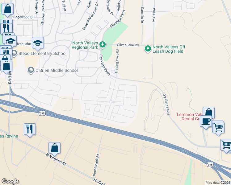 map of restaurants, bars, coffee shops, grocery stores, and more near 549 aurora view court in Reno