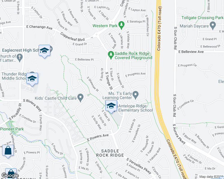 map of restaurants, bars, coffee shops, grocery stores, and more near 19818 East Prentice Avenue in Aurora