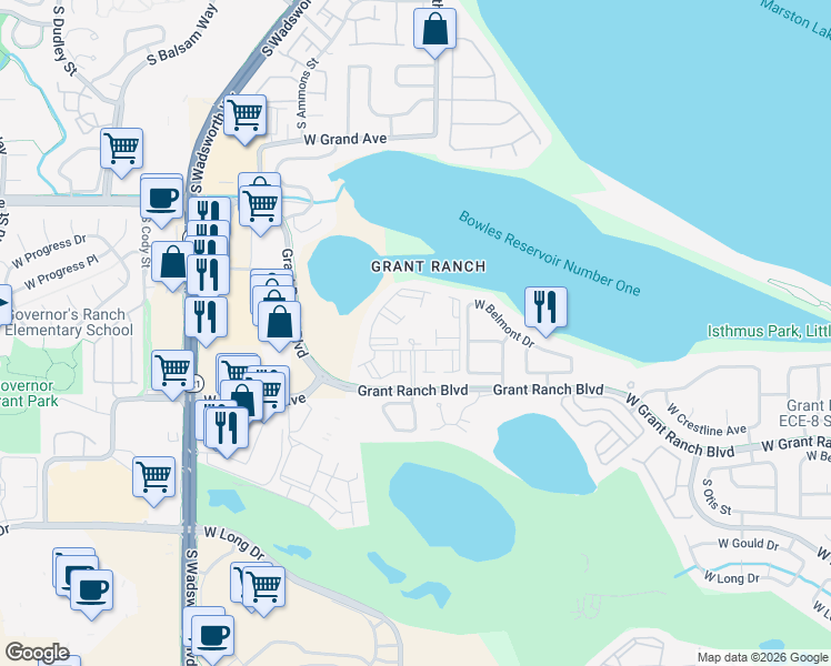 map of restaurants, bars, coffee shops, grocery stores, and more near 7361 West Grant Ranch Boulevard in Littleton