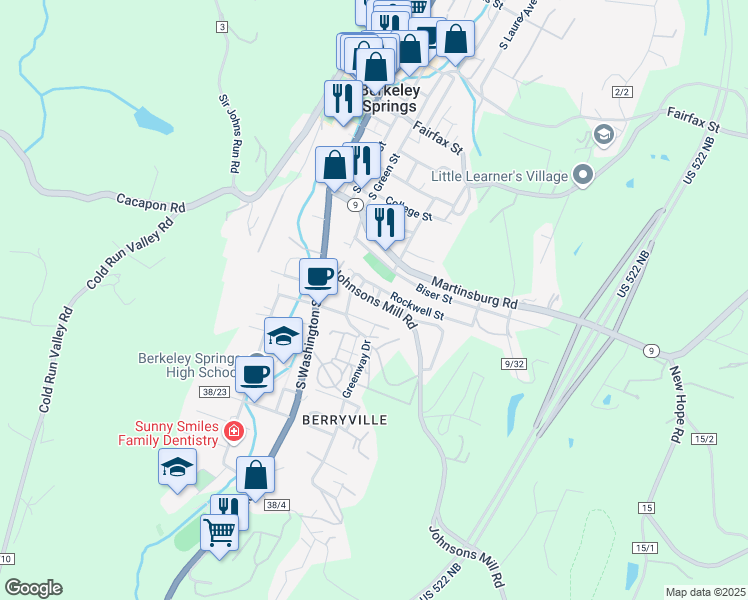 map of restaurants, bars, coffee shops, grocery stores, and more near 389 Johnsons Mill Road in Berkeley Springs