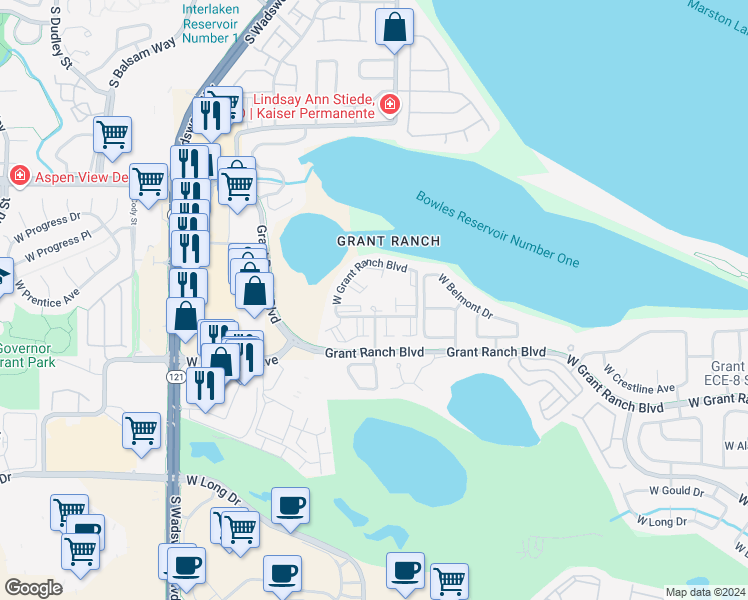 map of restaurants, bars, coffee shops, grocery stores, and more near 7361 West Grant Ranch Boulevard in Littleton