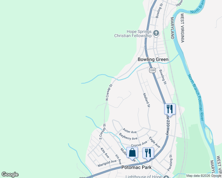 map of restaurants, bars, coffee shops, grocery stores, and more near 12923 North Cresap Street in Cumberland
